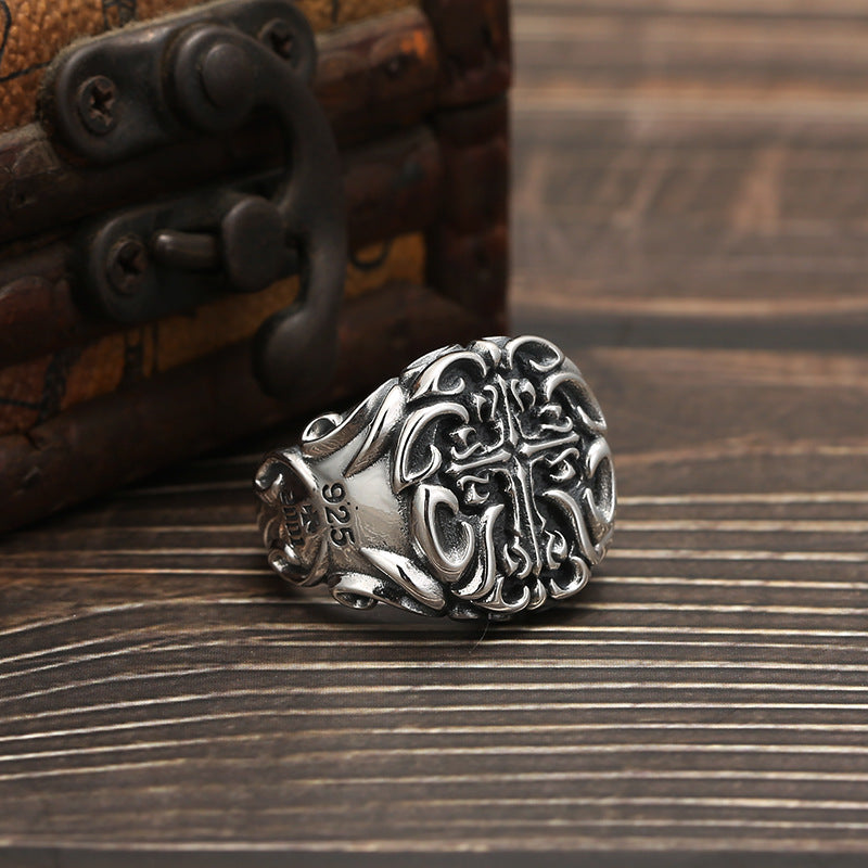 Men's S925 Sterling Silver Cross Ring – Adjustable Open Band | Heavy Industrial Faith Style