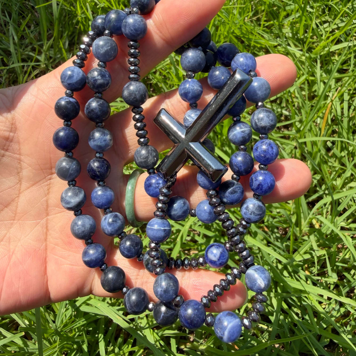 Natural Sodalite Rosary Necklace with Hematite Cross