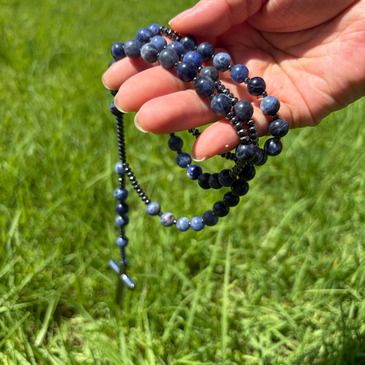 Natural Sodalite Rosary Necklace with Hematite Cross
