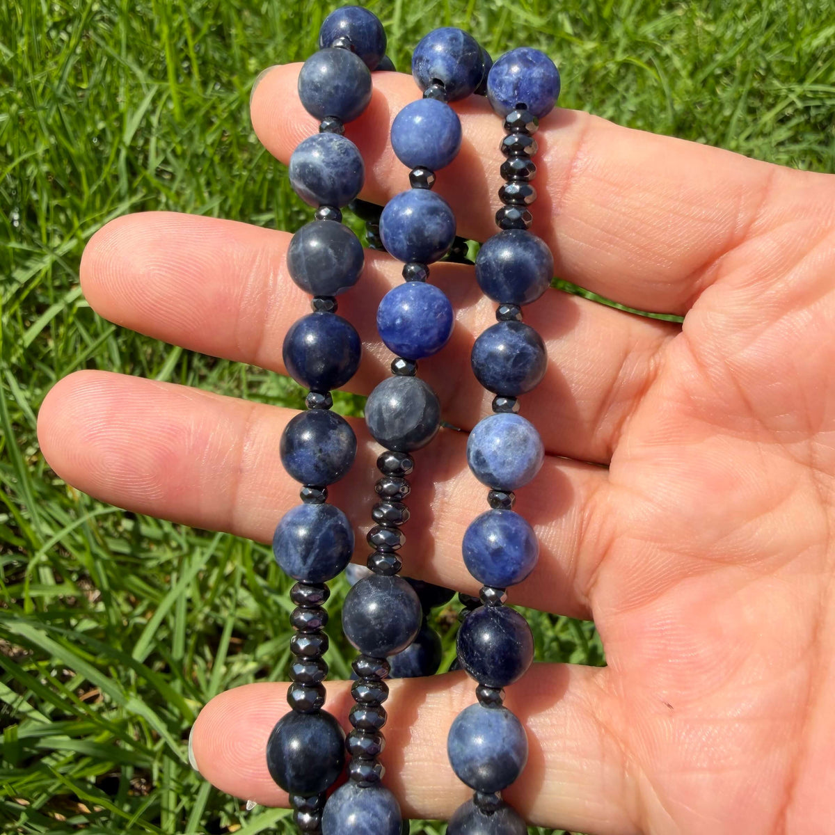 Natural Sodalite Rosary Necklace with Hematite Cross