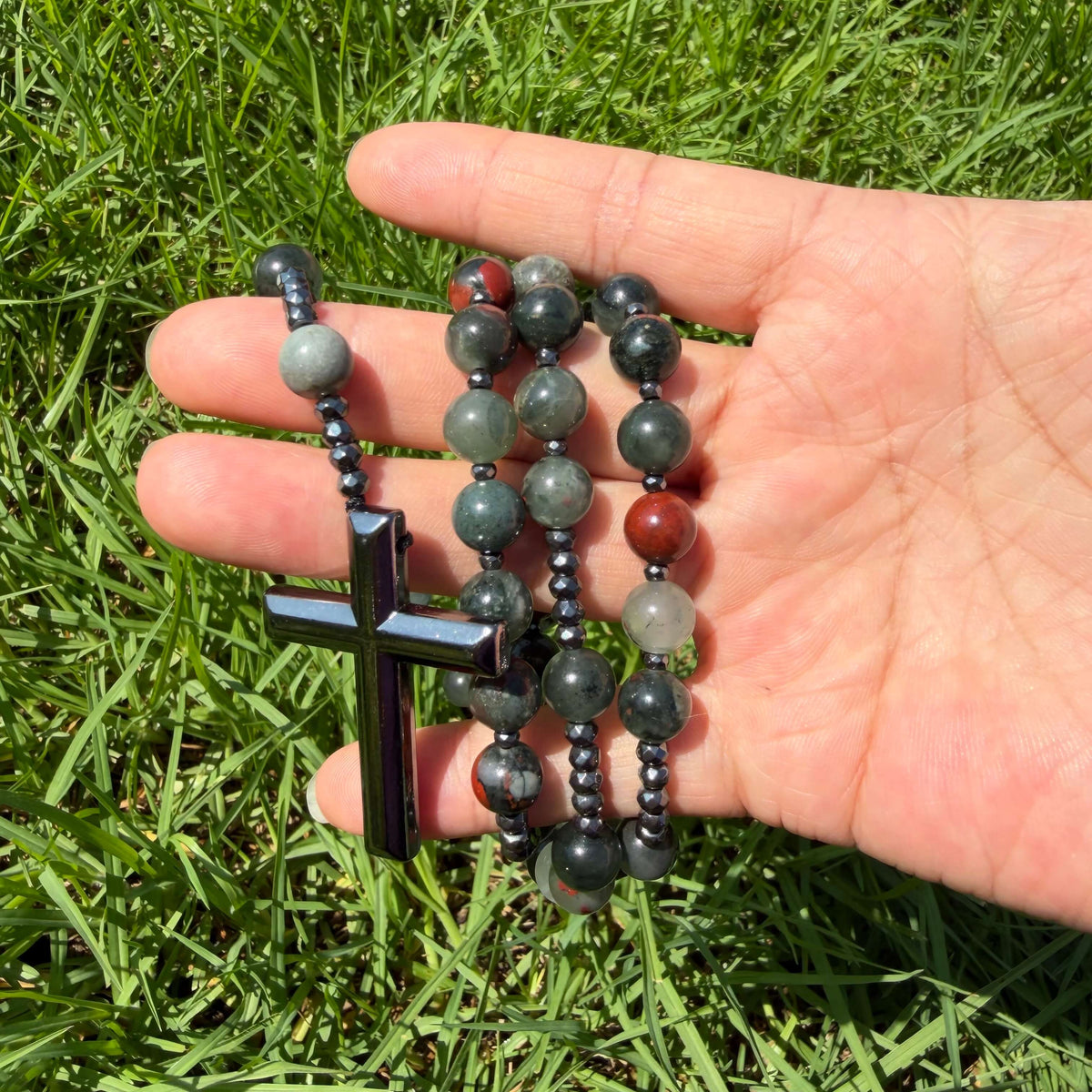 Natural Bloodstone Rosary Necklace with Hematite Cross