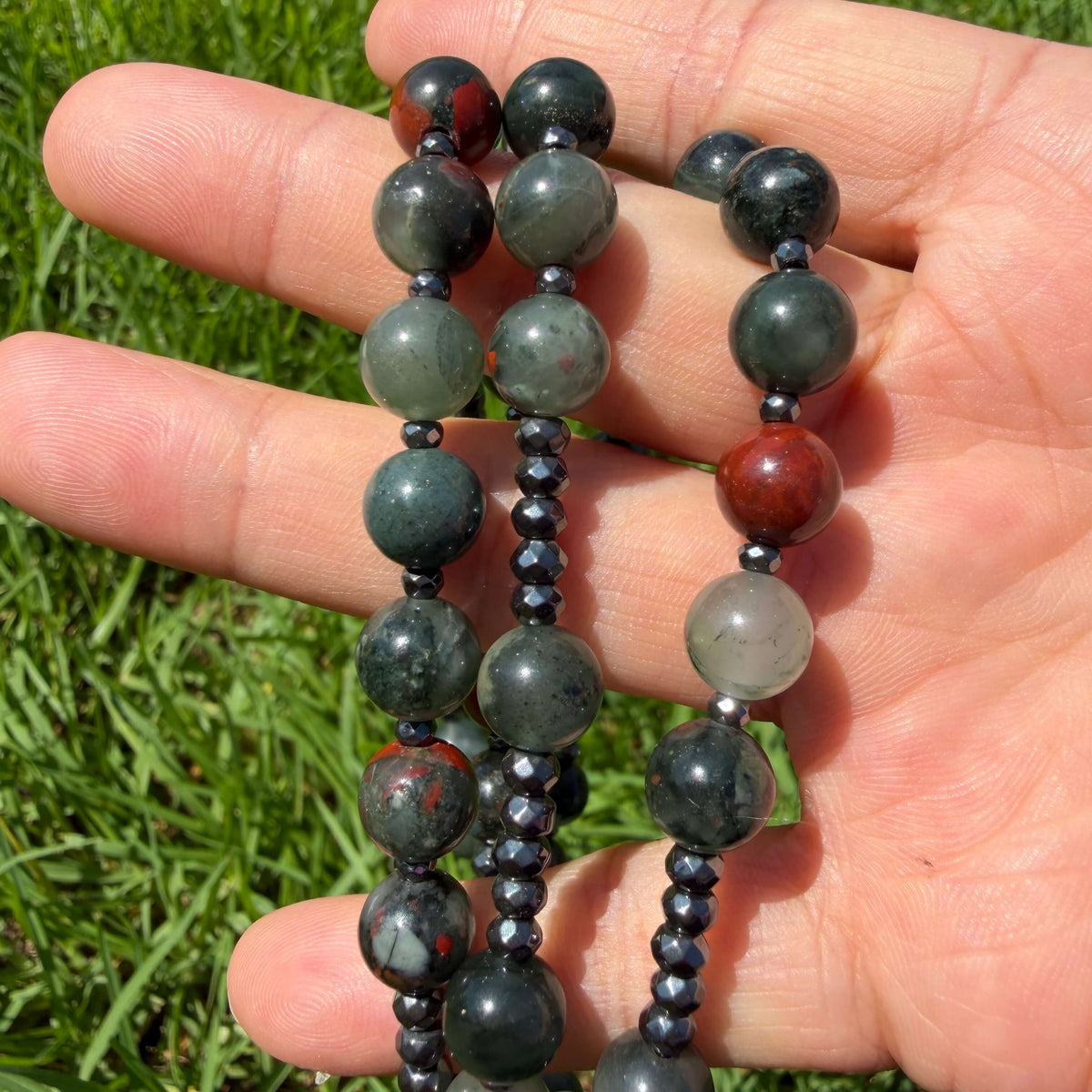 Natural Bloodstone Rosary Necklace with Hematite Cross