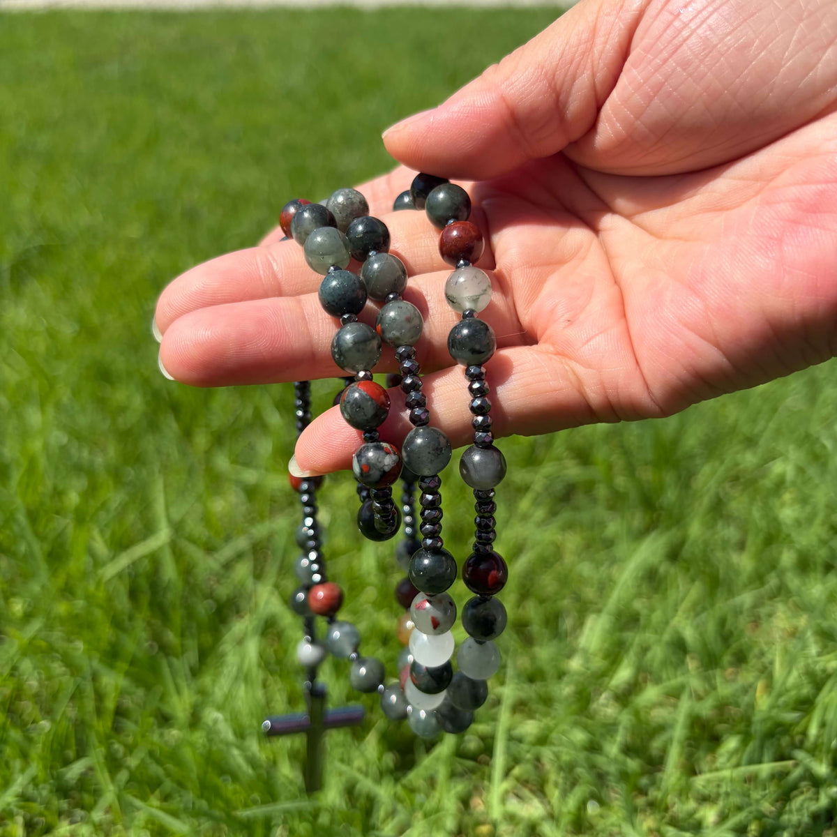 Natural Bloodstone Rosary Necklace with Hematite Cross