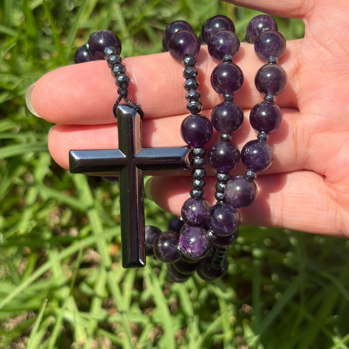 Natural Amethyst Rosary Necklace with Hematite Cross