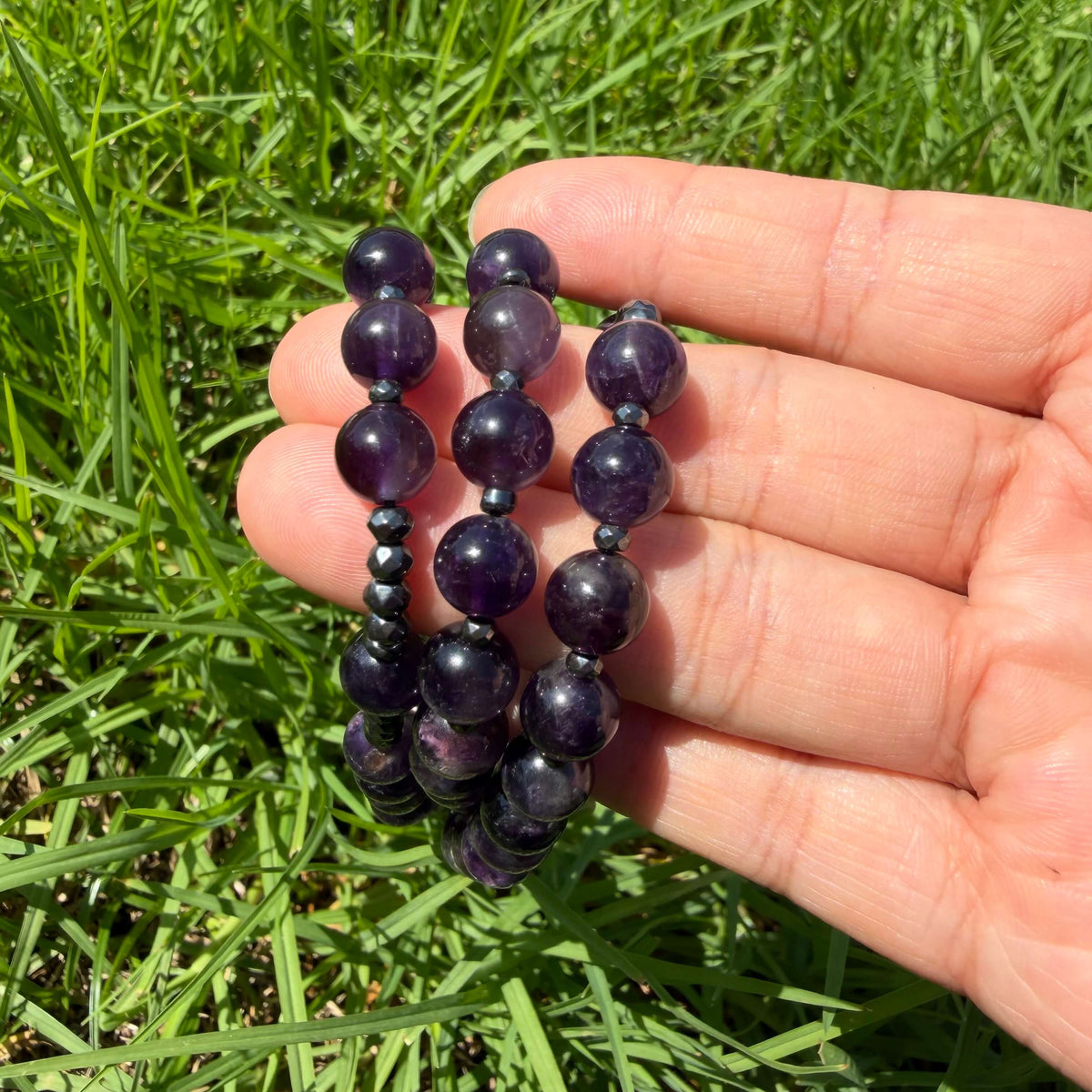 Natural Amethyst Rosary Necklace with Hematite Cross