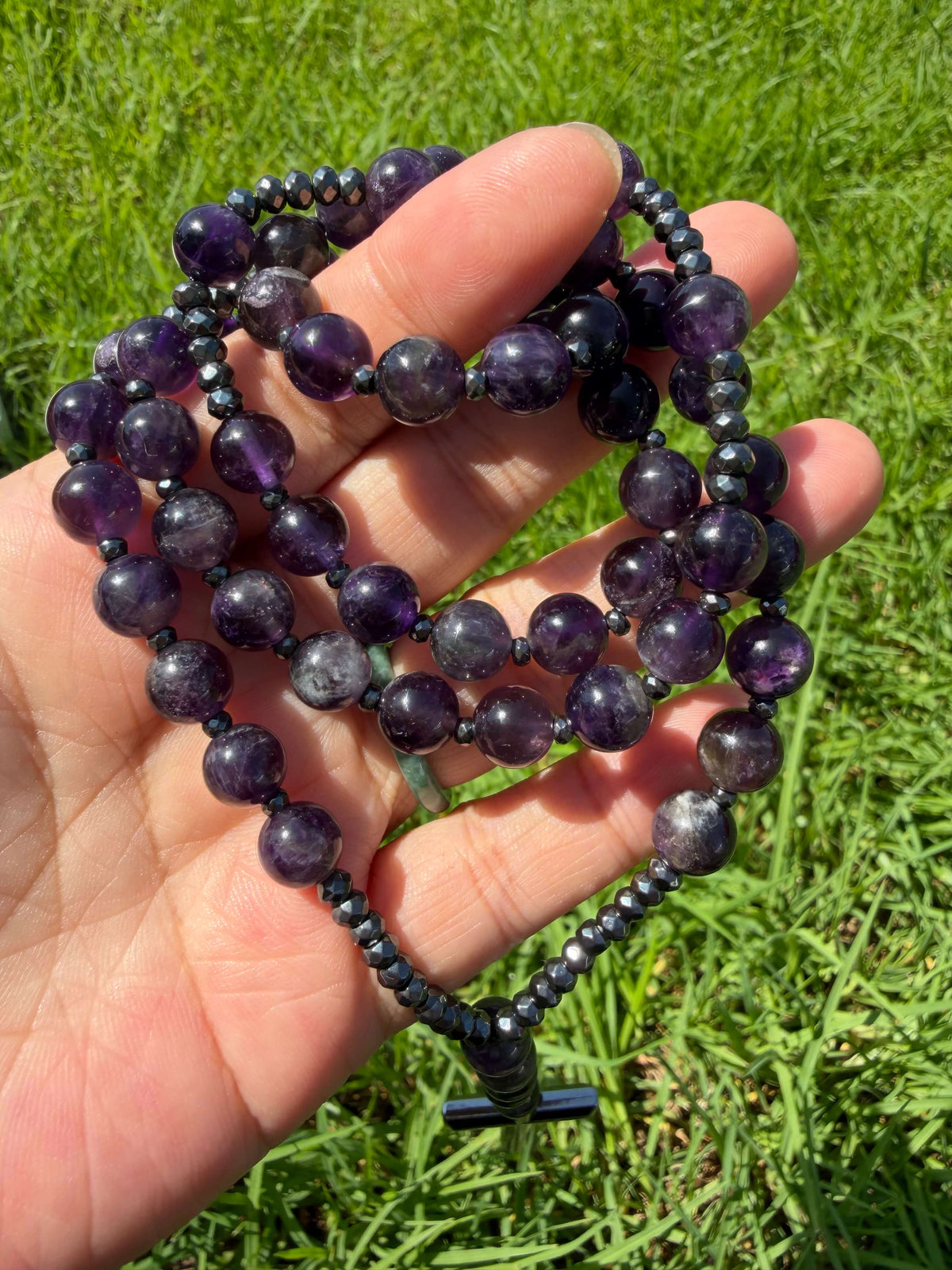 Natural Amethyst Rosary Necklace with Hematite Cross