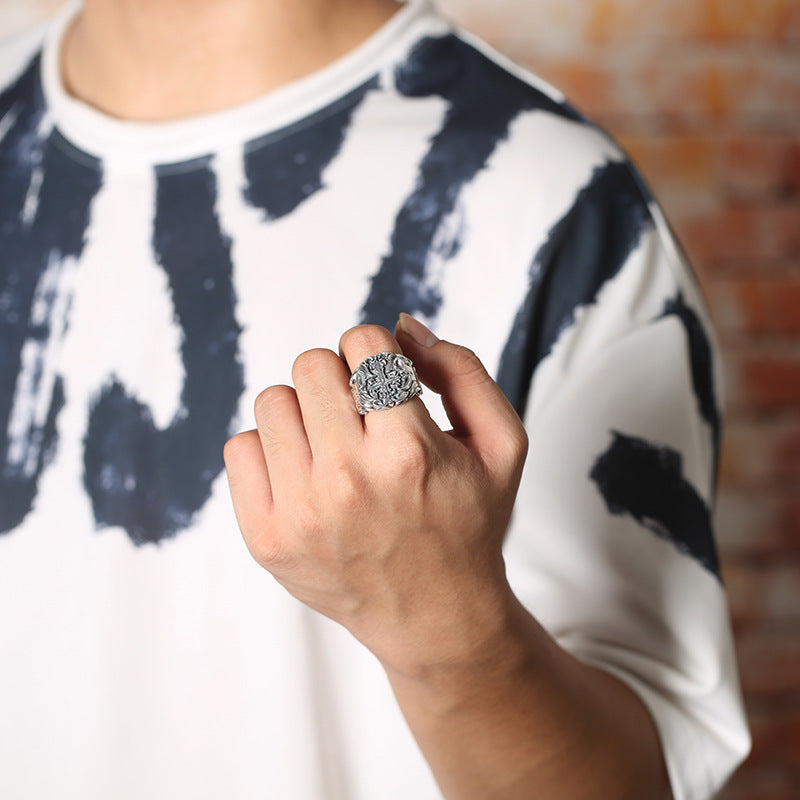Men's S925 Sterling Silver Cross Ring – Adjustable Open Band | Heavy Industrial Faith Style