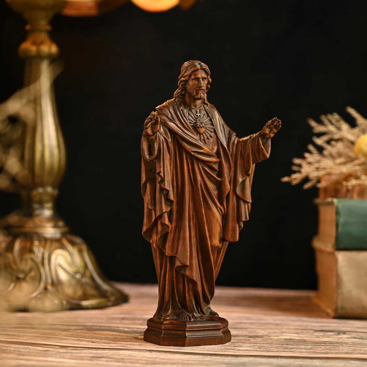 3D carved beechwood Jesus statue shown from an angle with detailed wood carving