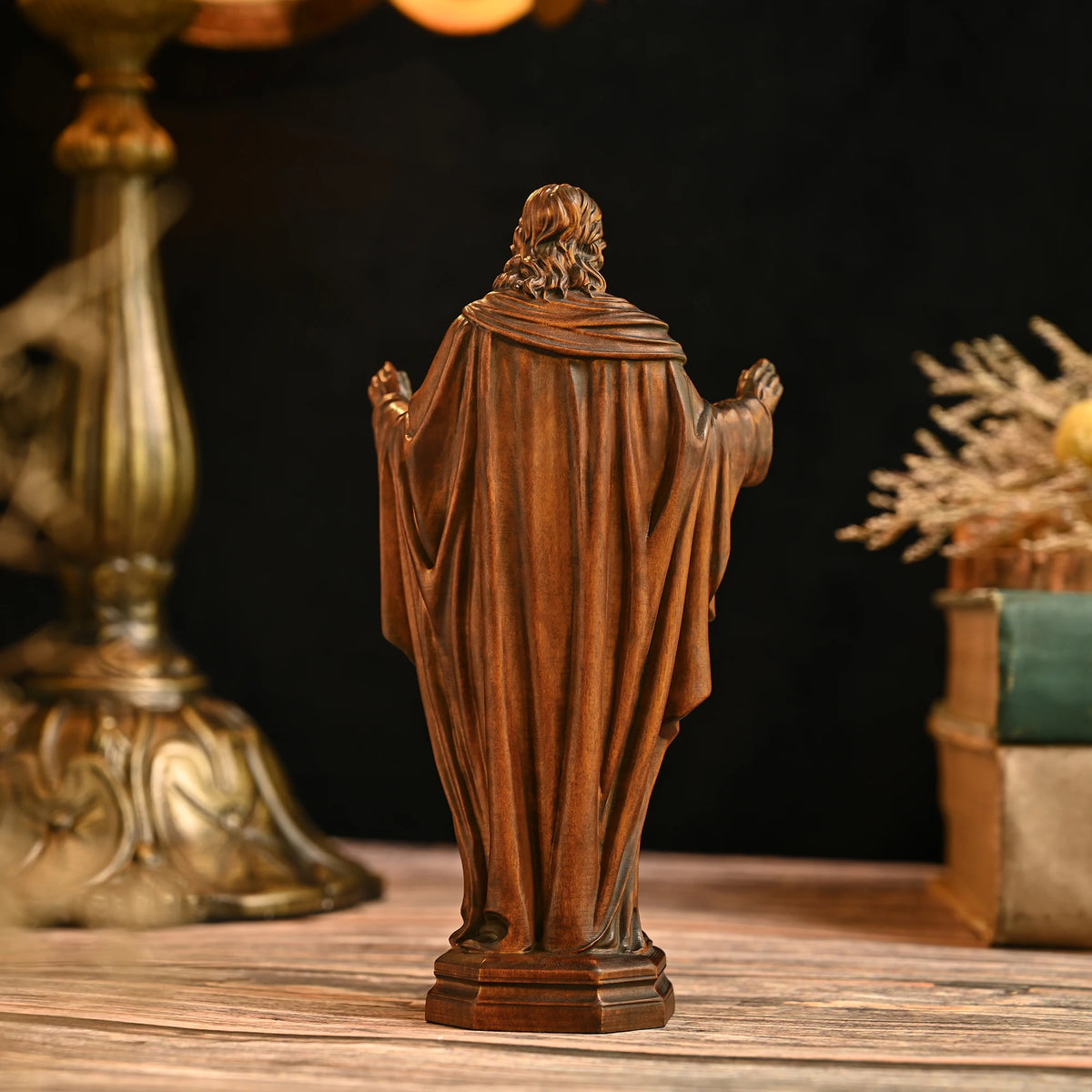 Back view of a 3D carved beechwood Jesus statue showing detailed wood carving