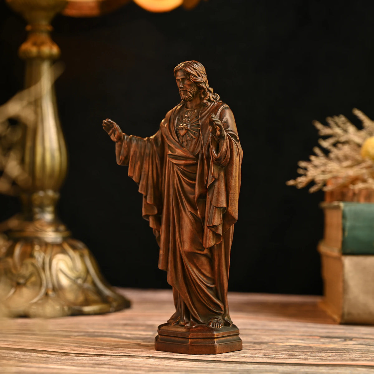 3D carved beechwood Jesus statue shown from a front angle with detailed wood carving