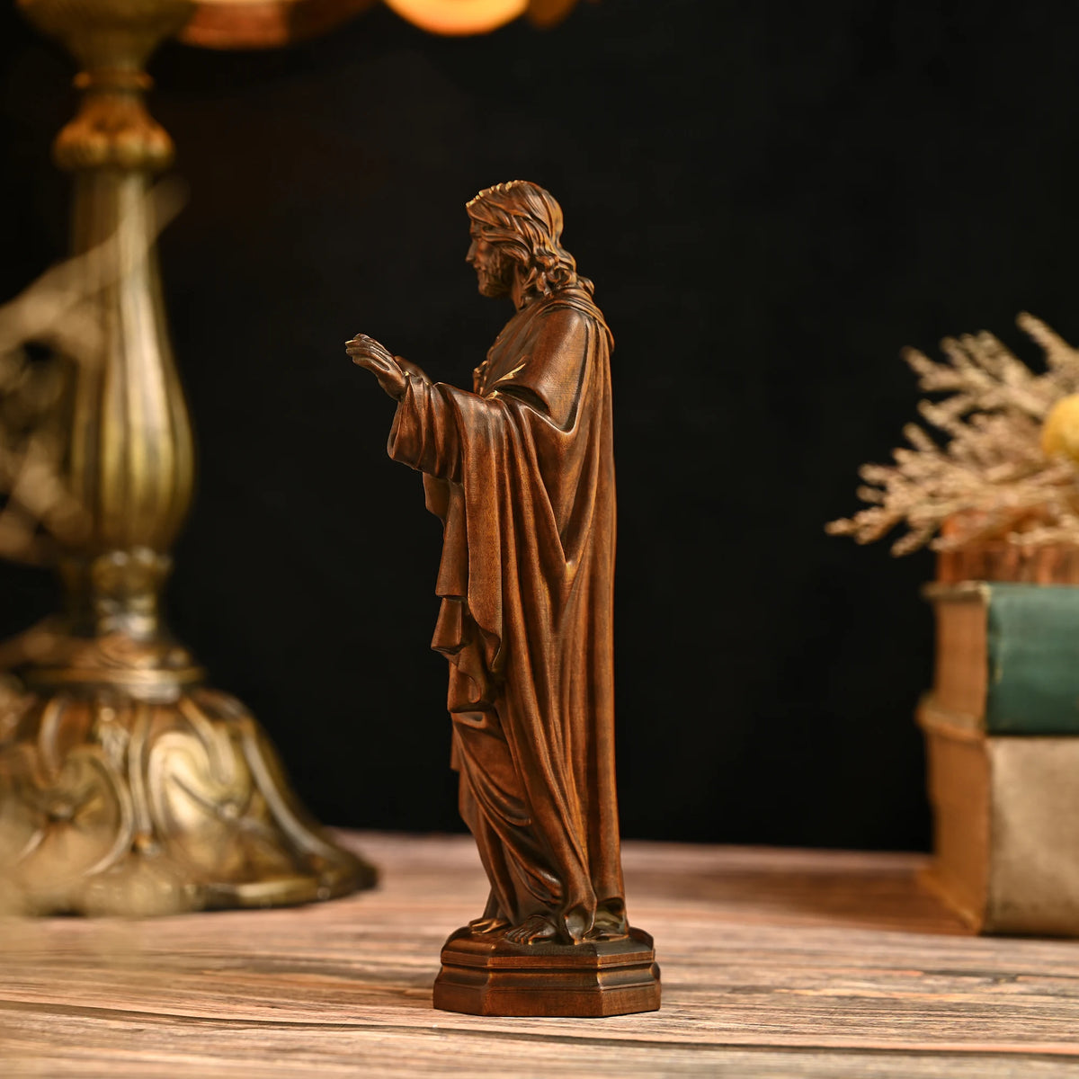 Side view of a 3D carved beechwood Jesus statue showing detailed wood carving