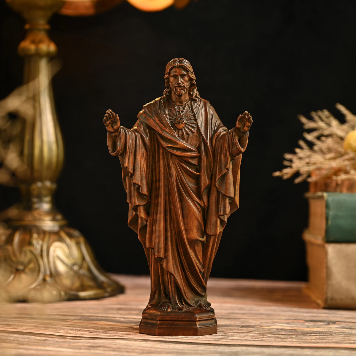 3D carved beechwood Jesus statue with detailed wood carving and polished finish