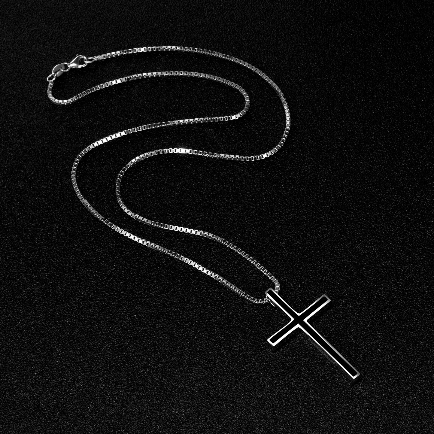 925 Sterling Silver Black Cross Pendant – Classic Christian Necklace for Men, White Gold Plated, 24” Chain