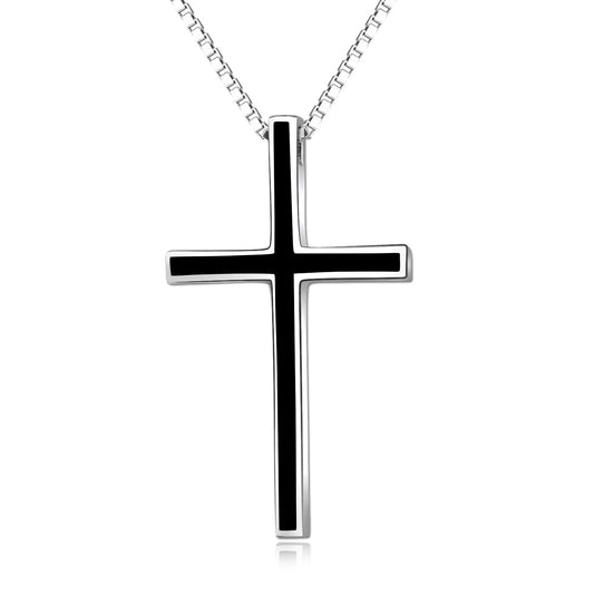 925 Sterling Silver Black Cross Pendant – Classic Christian Necklace for Men, White Gold Plated, 24” Chain