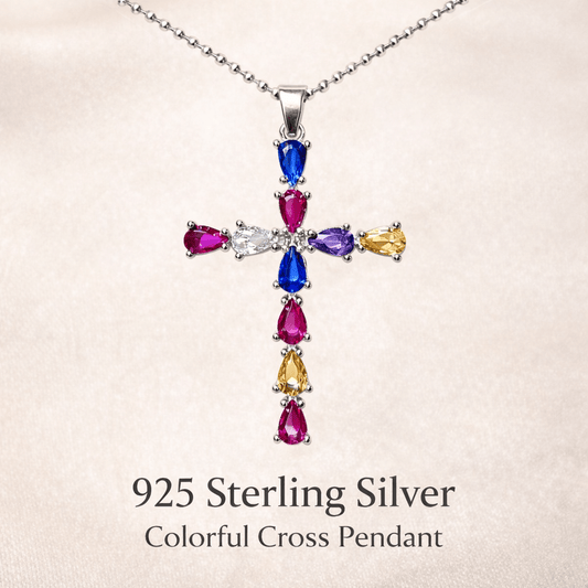 925 Sterling Silver Colorful Cross Necklace with Zircon Stones – Italian Chain, Faith Gift (18")