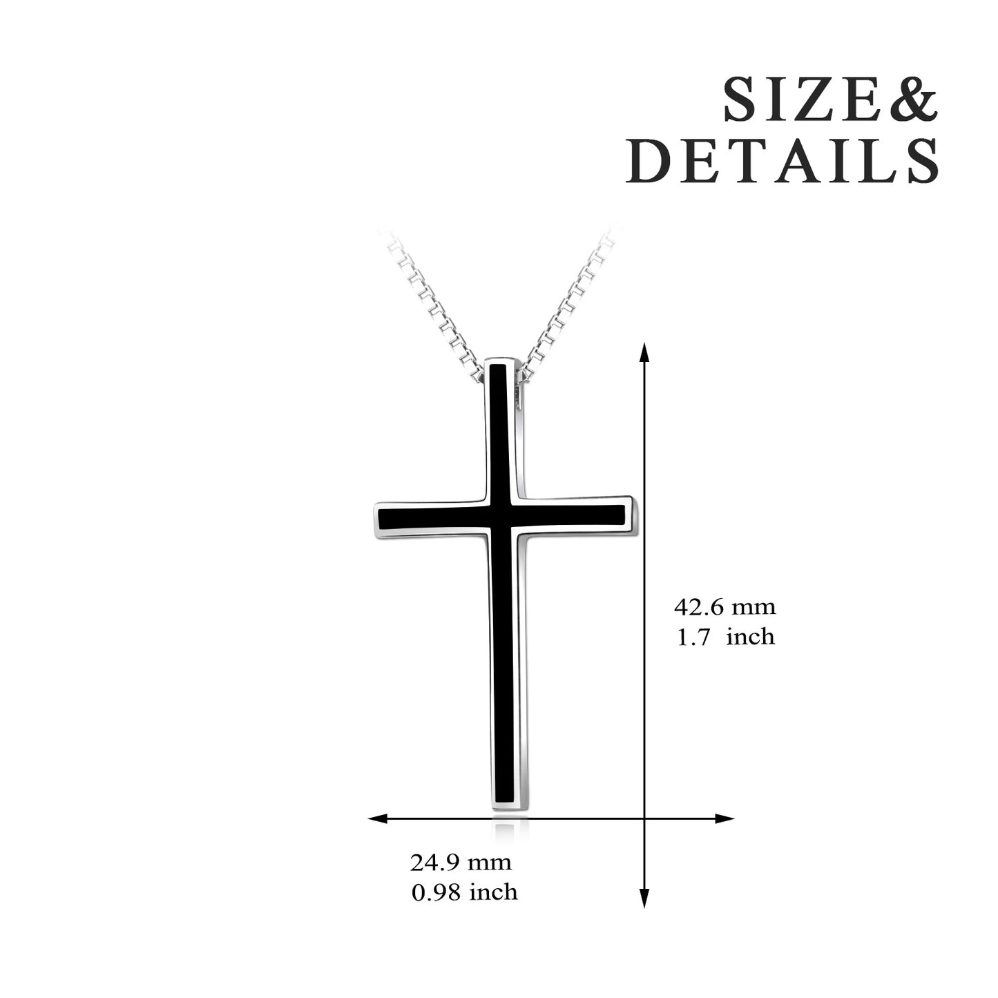 925 Sterling Silver Black Cross Pendant – Classic Christian Necklace for Men, White Gold Plated, 24” Chain