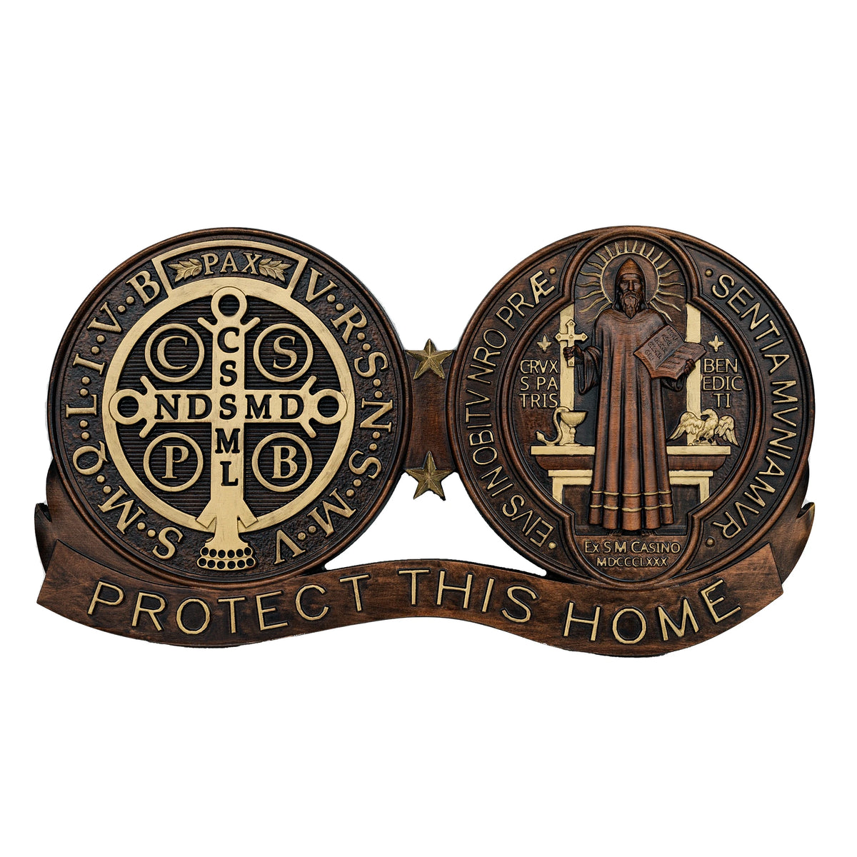 St. Benedict wooden medal ornament set with gold accents, Protect This Home design