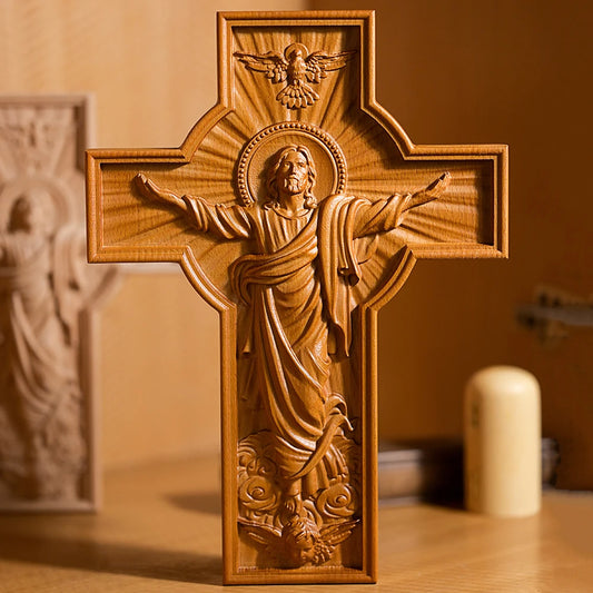 Hand-Carved Wooden Jesus Cross Wall Decor - Solid Beech Wood Religious Wall Art for Home, Church, Office, Baptism or Christmas Gift