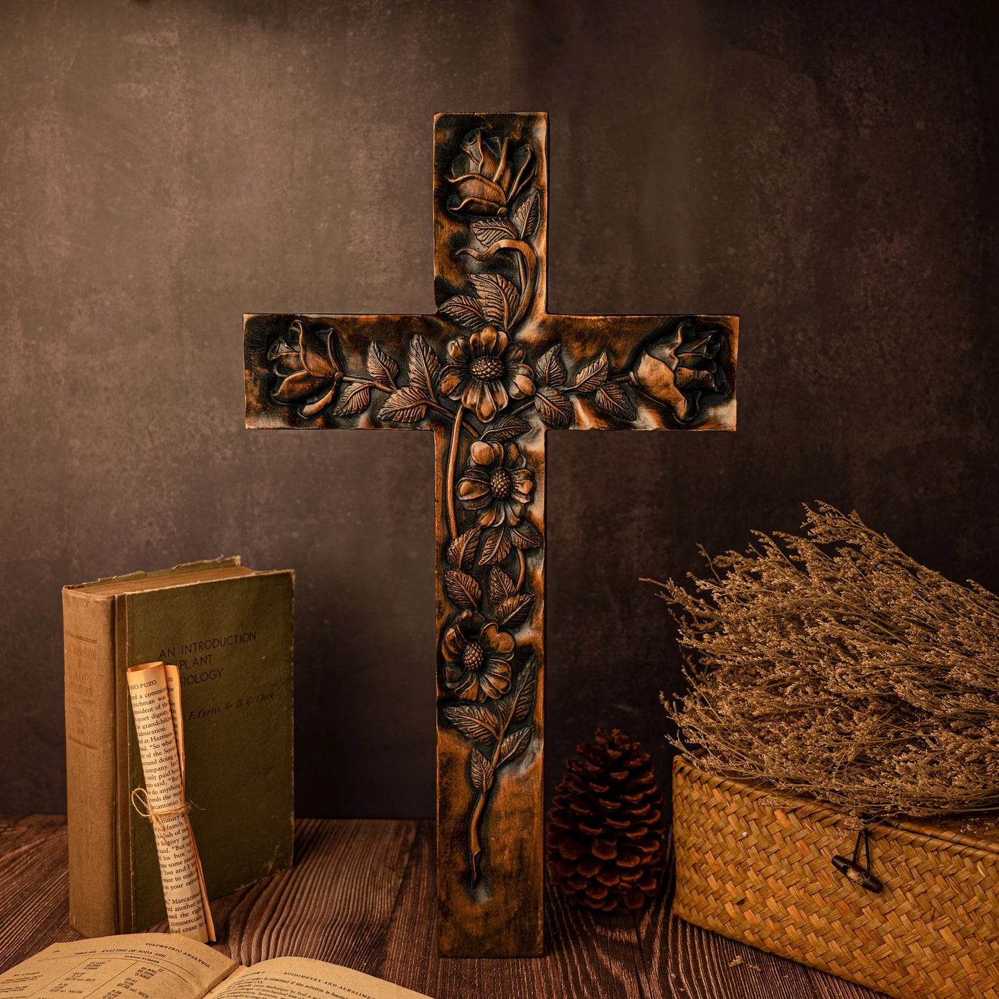 Hand-Carved Wooden Rose Cross - Minimalist Christian Wall Decor, Inspirational Religious Art, Solid Wood Home Blessing
