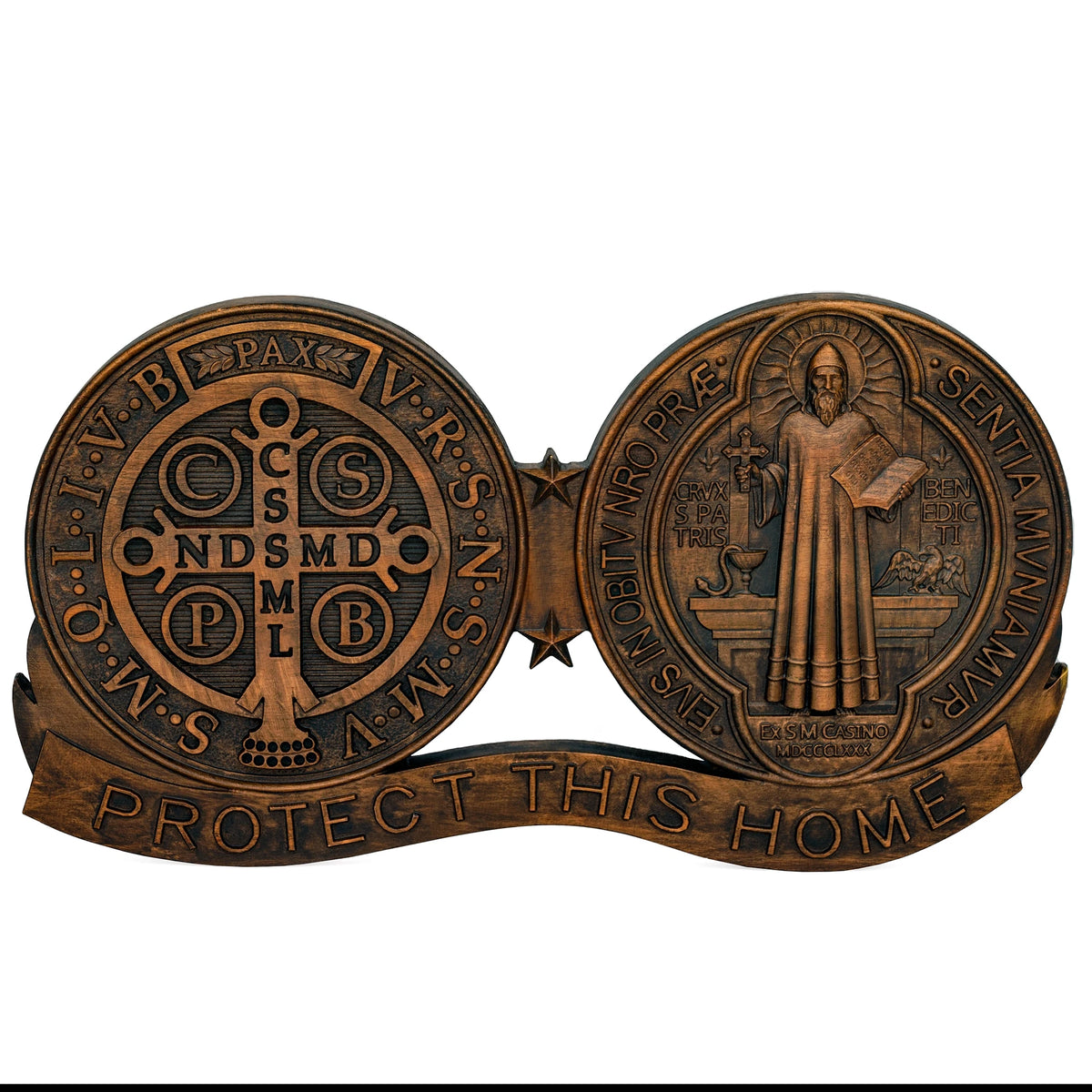 St. Benedict wooden medal ornament set, Protect This Home design, front view