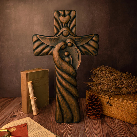 oly Family Wooden Cross Wall Decor - Catholic Religious Art, Rustic Home Decoration, Christian Gift for Christmas, Easter, Baptism