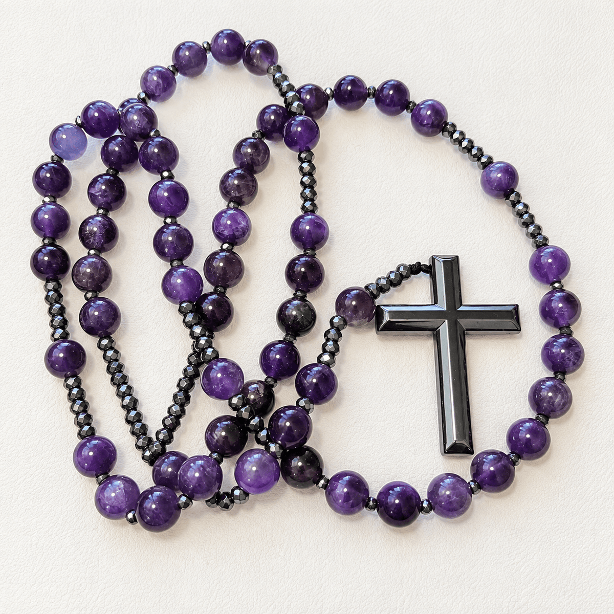 Natural Amethyst Rosary Necklace with Hematite Cross