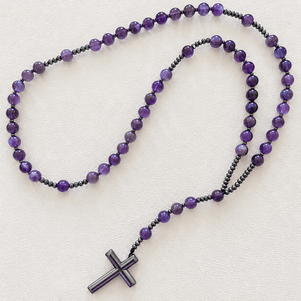 Natural Amethyst Rosary Necklace with Hematite Cross