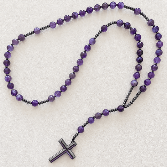 Natural Amethyst Rosary Necklace with Hematite Cross