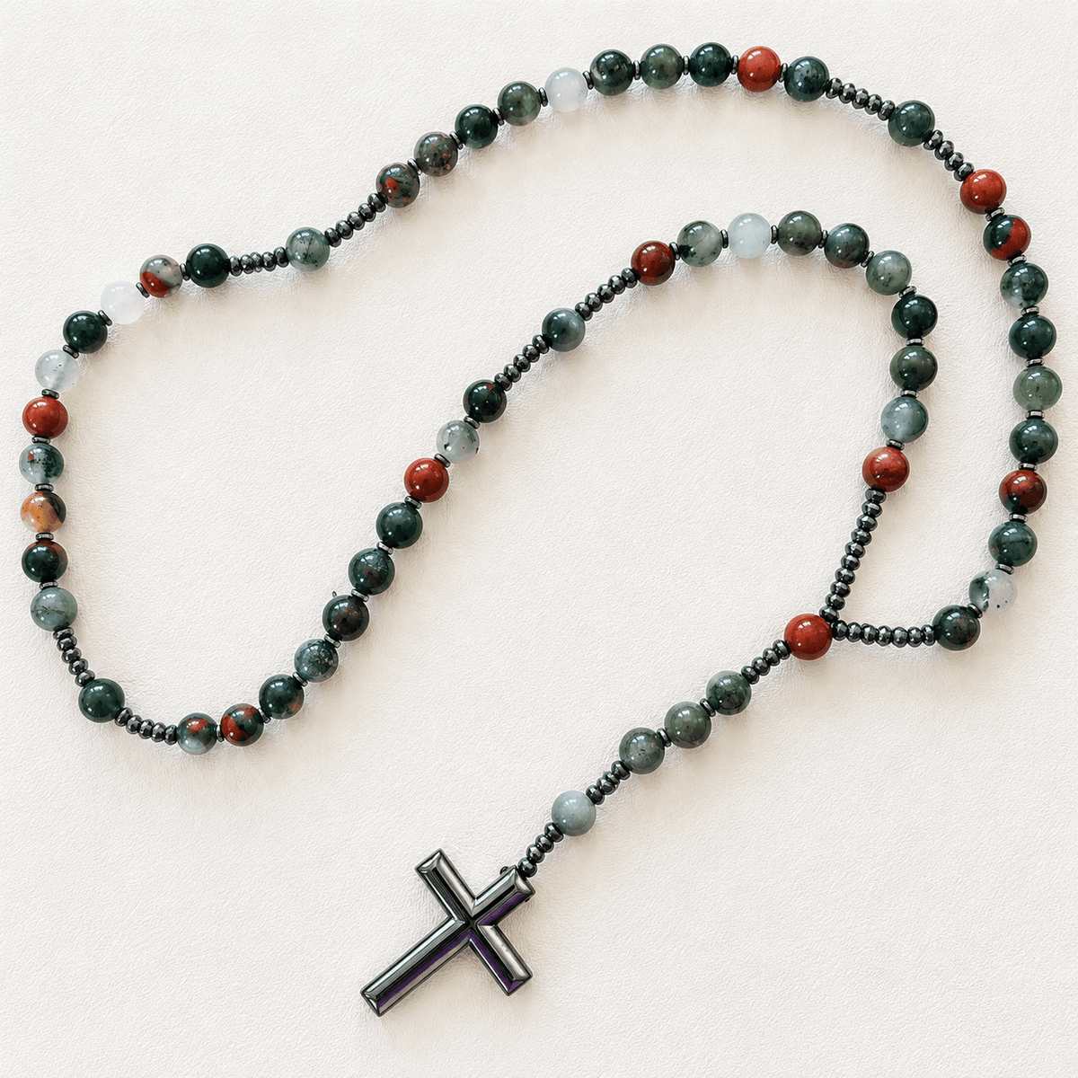 Natural Bloodstone Rosary Necklace with Hematite Cross