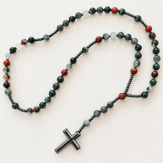 Natural Bloodstone Rosary Necklace with Hematite Cross