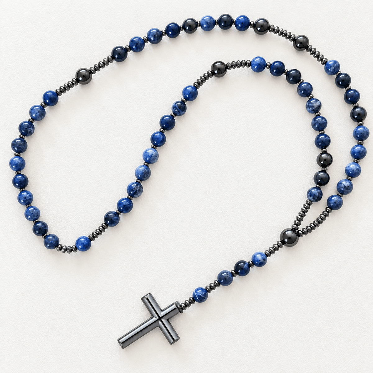 Natural Sodalite Rosary Necklace with Hematite Cross