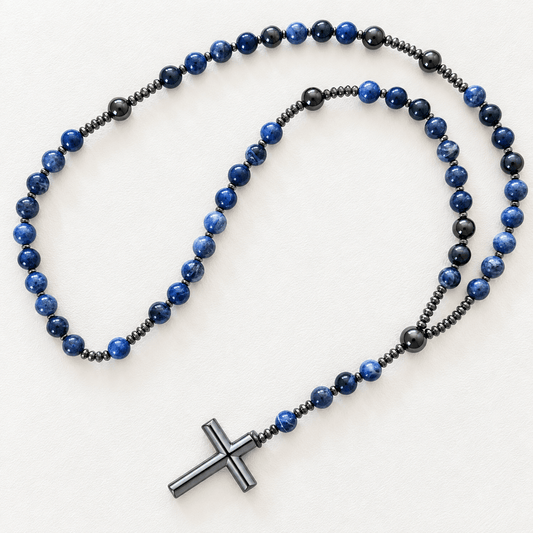 Natural Sodalite Rosary Necklace with Hematite Cross