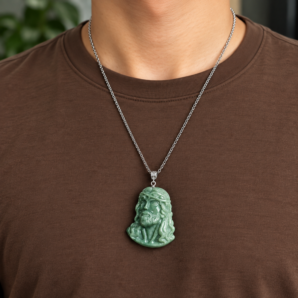 Natural Grade A Bean Green Jadeite Jesus Pendant