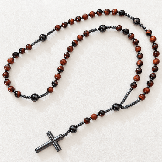 Natural Red Tiger Eye Rosary Necklace with Hematite Cross