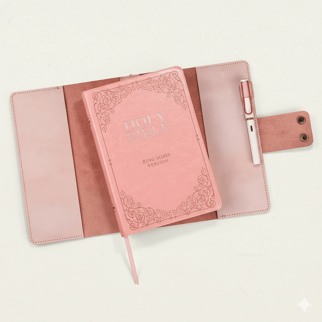 Pink handmade leather Bible cover for women with engraved cross and strap closure — Christian gift idea.