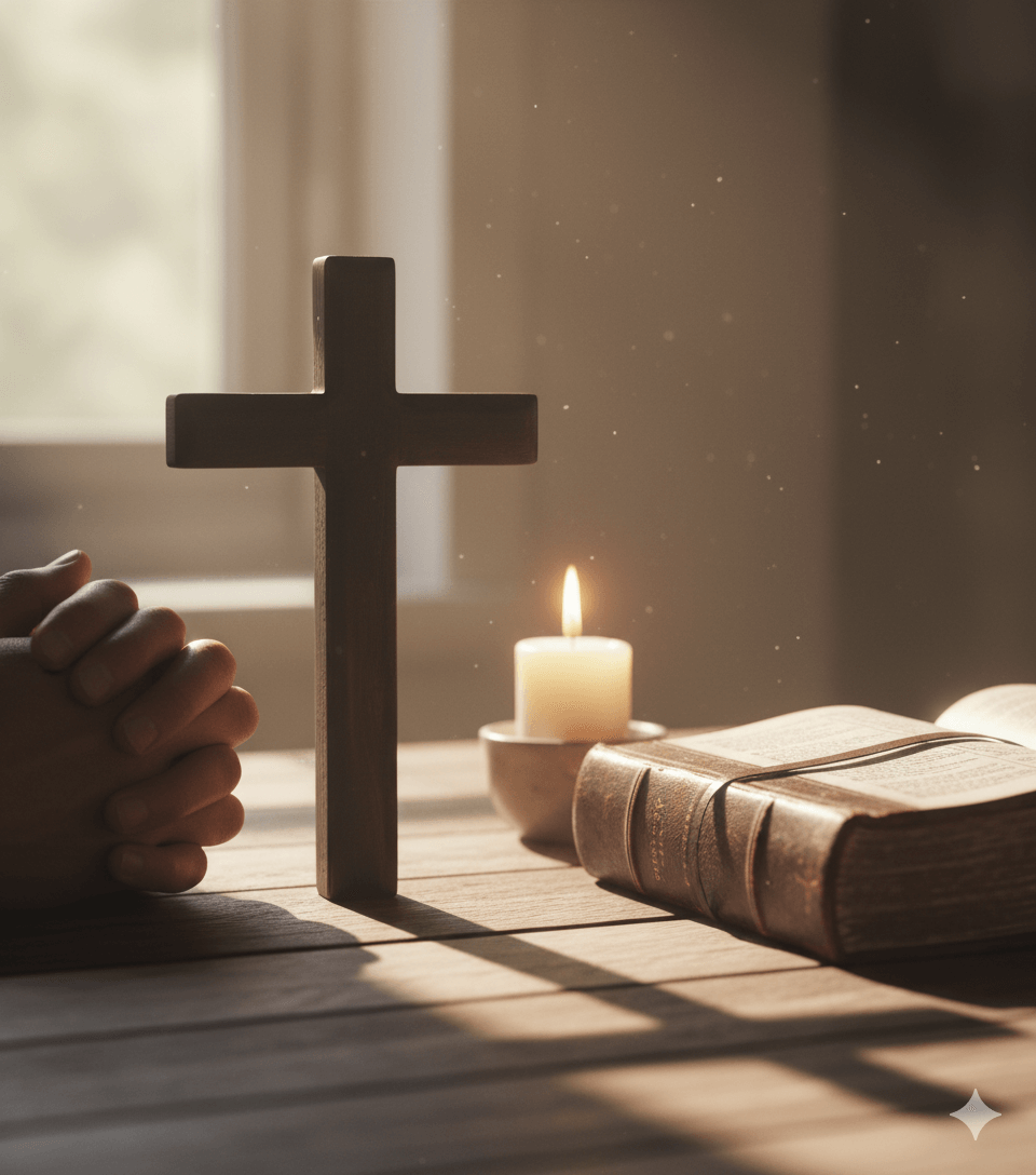 Dark wooden cross standing on a table next to a Bible and candle, with sunlight streaming in, creating a serene prayer atmosphere