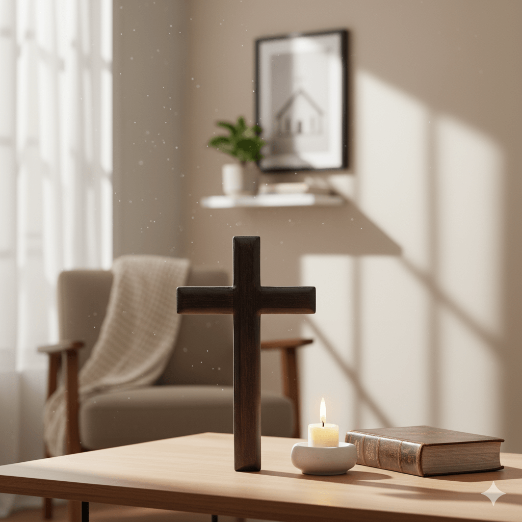 Close-up of the dark wooden cross and Bible, with blurred hands praying in the foreground and a lit candle in the background