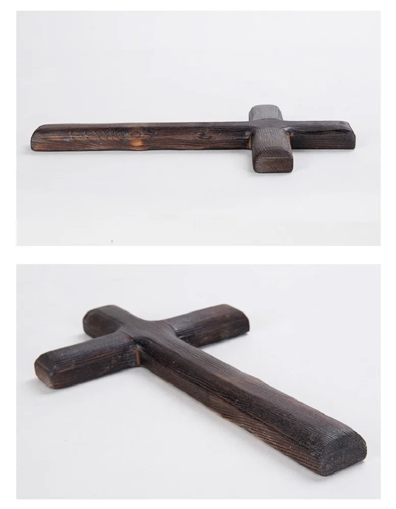 Multi-angle view of the dark wooden cross, showing a side profile and a tilted perspective to highlight the thickness and three-dimensionality of the wood