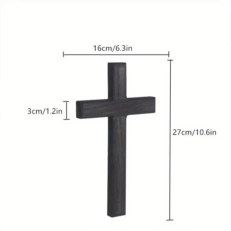 Dimensional chart for the dark wooden cross, showing the width at 16cm/6.3in, height at 27cm/10.6in, and wood thickness at 3cm/1.2in