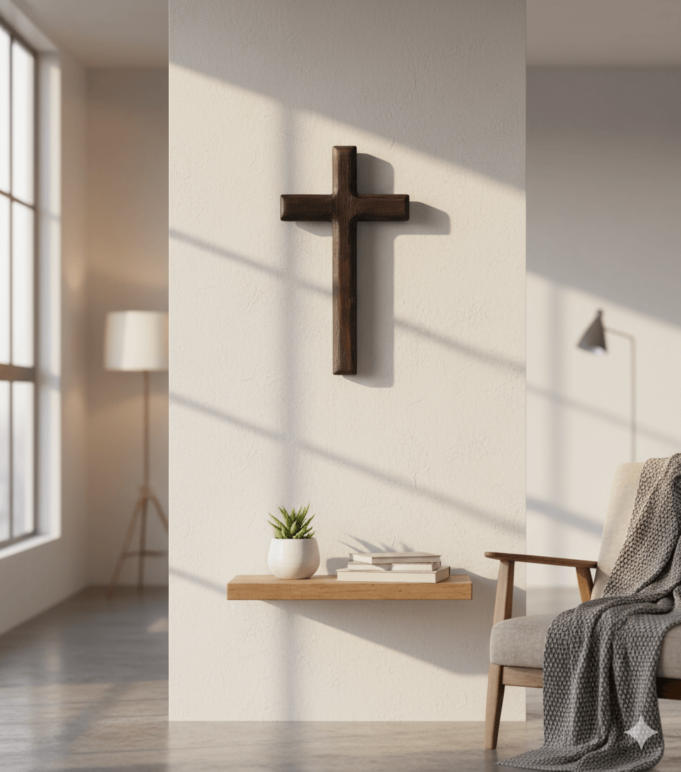 A dark, plain wooden cross mounted on a bright, minimalist wall, casting a shadow in a sunlit modern living space above a small floating shelf.