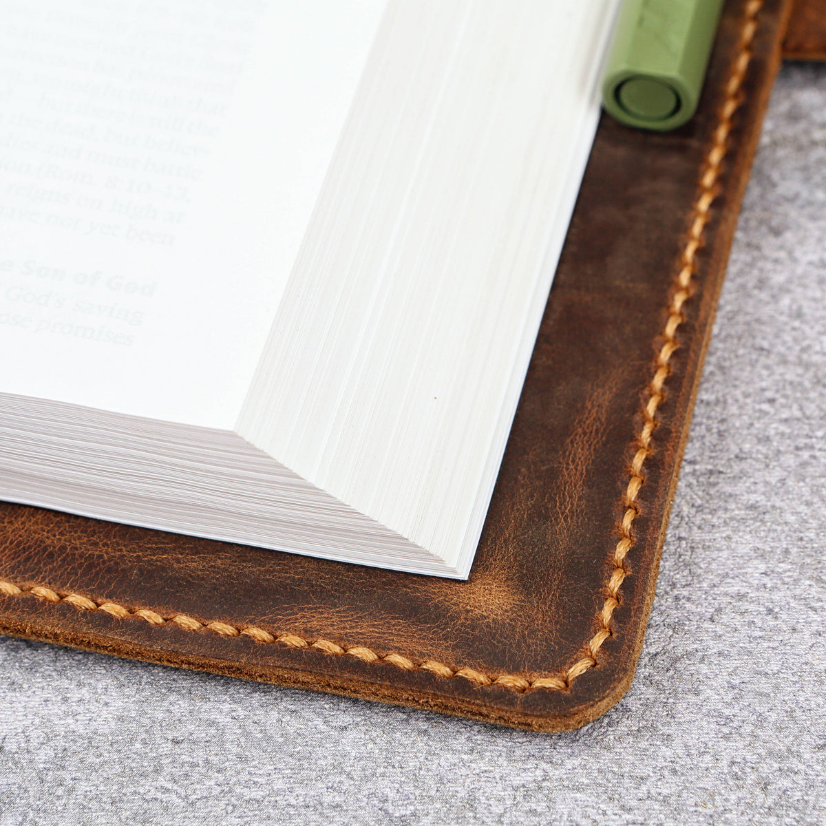 Hand-stitched vintage full grain leather Bible cover detail
