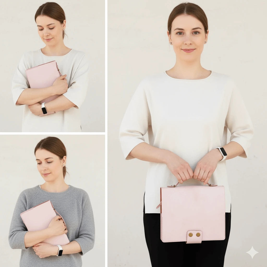 Elegant pink Bible cover for women, shown being carried by hand, stylish Christian accessory.