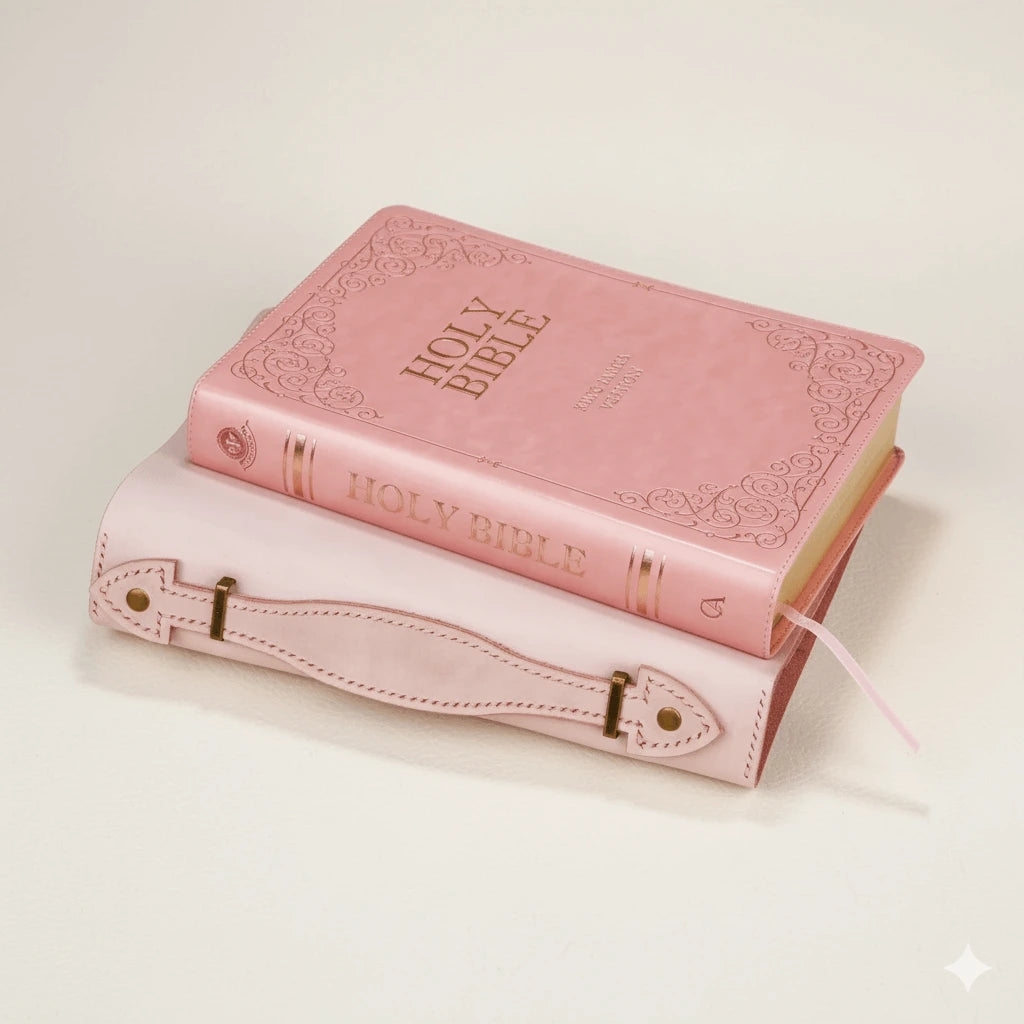 ink leather Bible case with sturdy handle and engraved cross — elegant Christian accessory.
