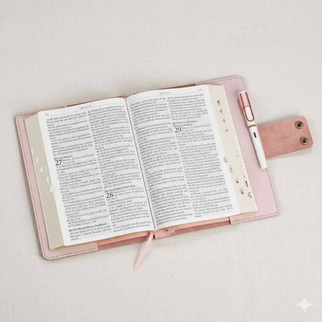 Luxury genuine leather Bible sleeve in pink color, open interior showing soft lining and fit.