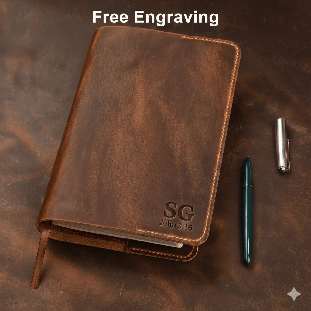 Personalized leather Bible cover with free engraving, showing initials SG and John 3:16 on the bottom right corner