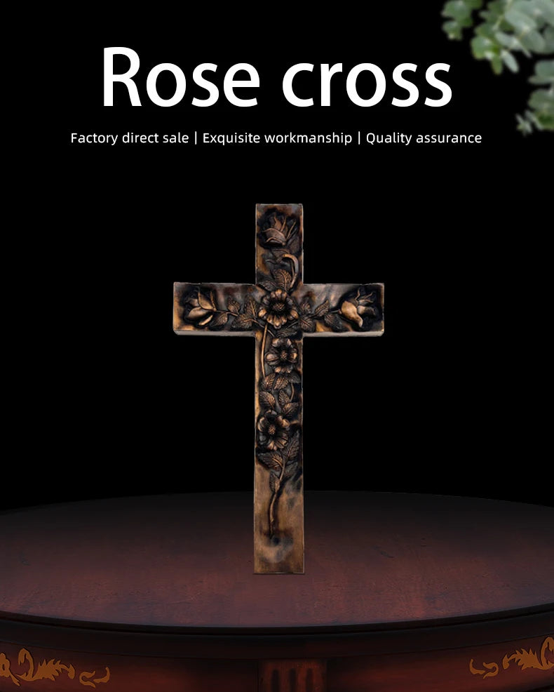A product advertisement graphic featuring a dark, carved wooden cross with rose and floral motifs standing on a reflective surface against a black background. The text header reads: "Rose cross" with a subtitle: "Factory direct sale | Exquisite workmanship | Quality assurance.