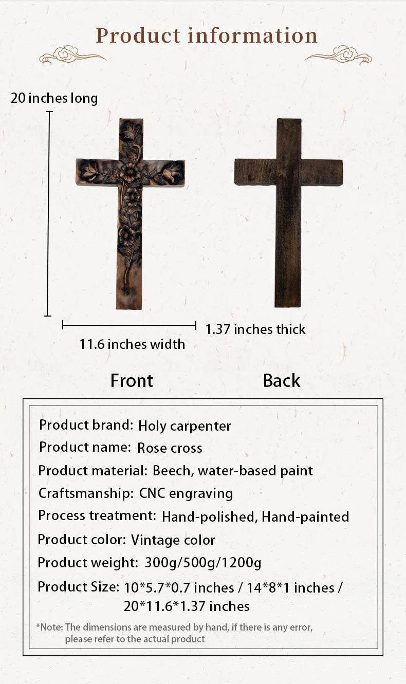 Product information sheet for the Rose Cross. The graphic shows the front (carved) and back (plain) views of the cross with dimensions: 20 inches long, 11.6 inches wide, and 1.37 inches thick. The text lists specifications including Brand: Holy carpenter, Material: Beech, Craftsmanship: CNC engraving, and Process treatment: Hand-polished and Hand-painted.