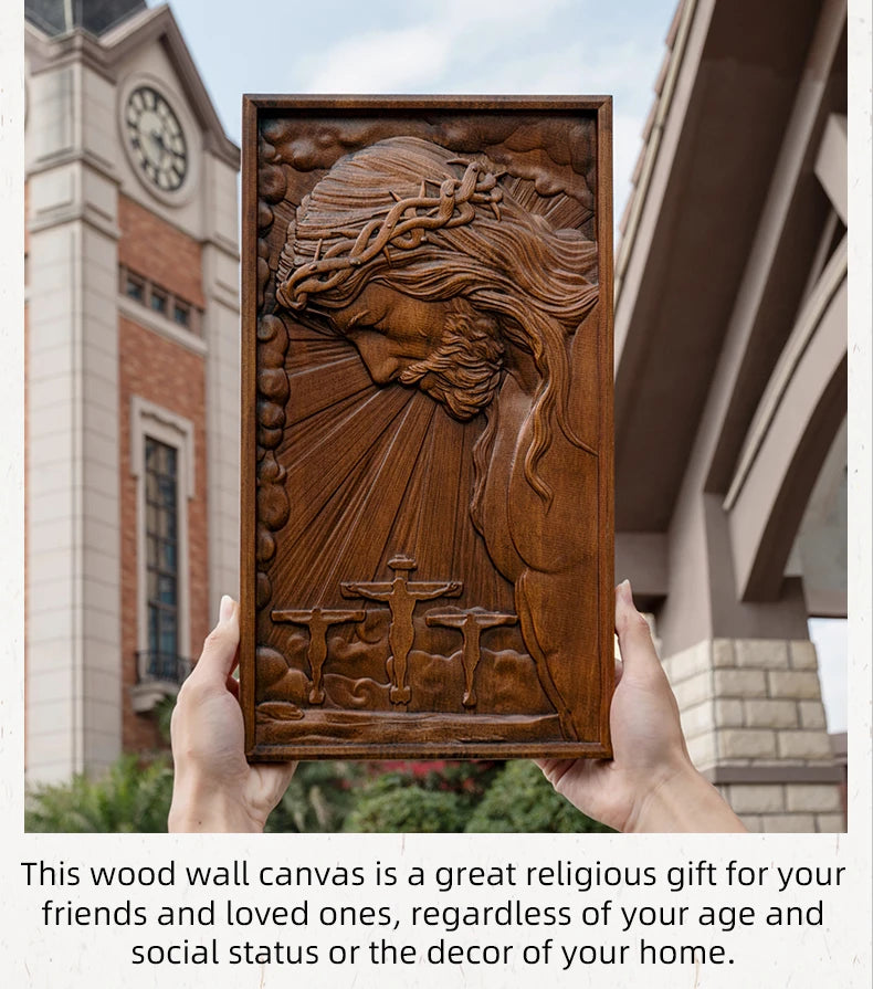 Hand-Carved Crucifix Wood Plaque – Beech Wood Religious Wall Art, Painted Gold,for Home Decor, Christian Wall Hanging, Solid Wood Plaque, Christian Gift