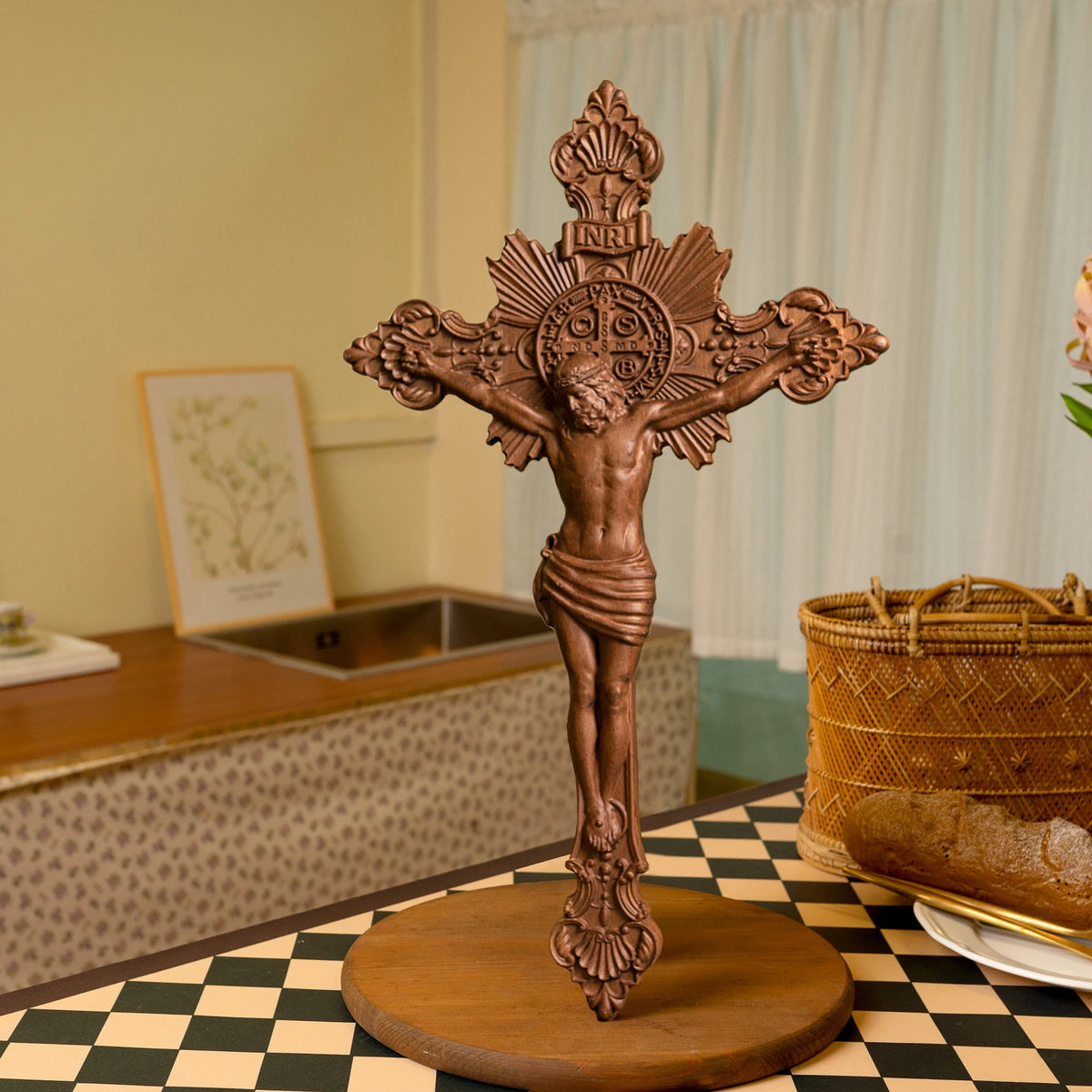St. Benedict exorcism cross hand-carved wooden crucifix