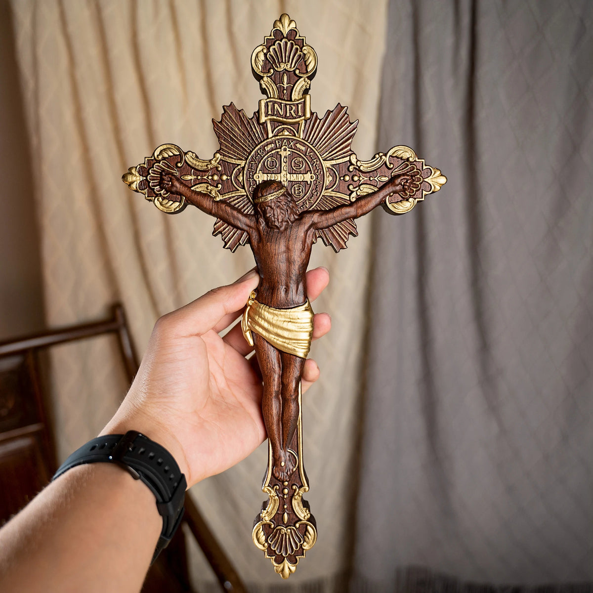 St. Benedict exorcism cross hand-carved wooden crucifix